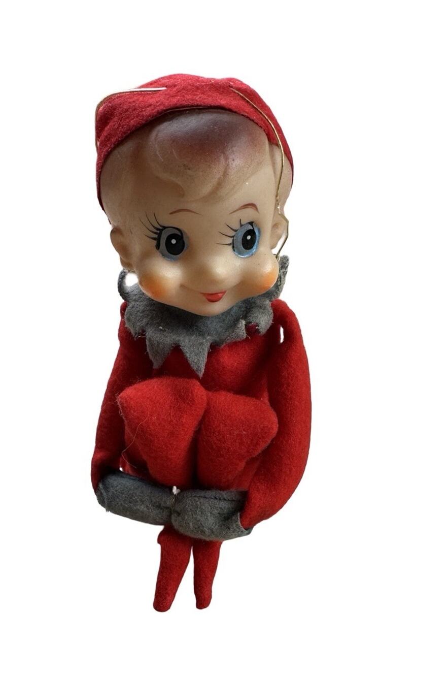 Vintage TKR Japan Knee Hugger Christmas Elf Doll Big Eye Felt Rubber Face